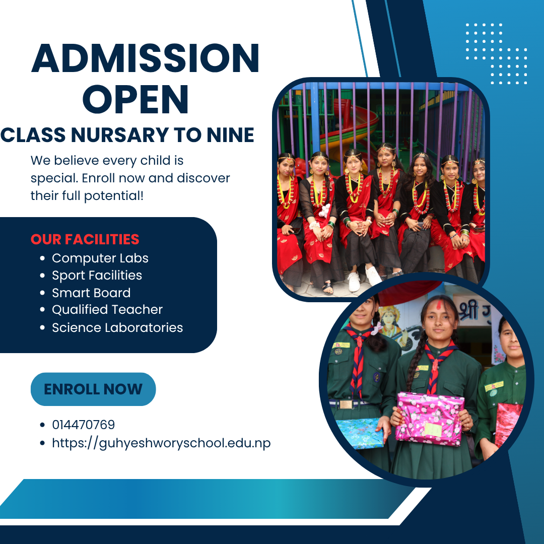  शैक्षिक सत्र २०८३ काे  लागि कक्षा नर्सरी देखि  कक्षा ९ सम्म भर्ना खुल्याे ।बैशाख १५ बाट धमाधम भर्ना